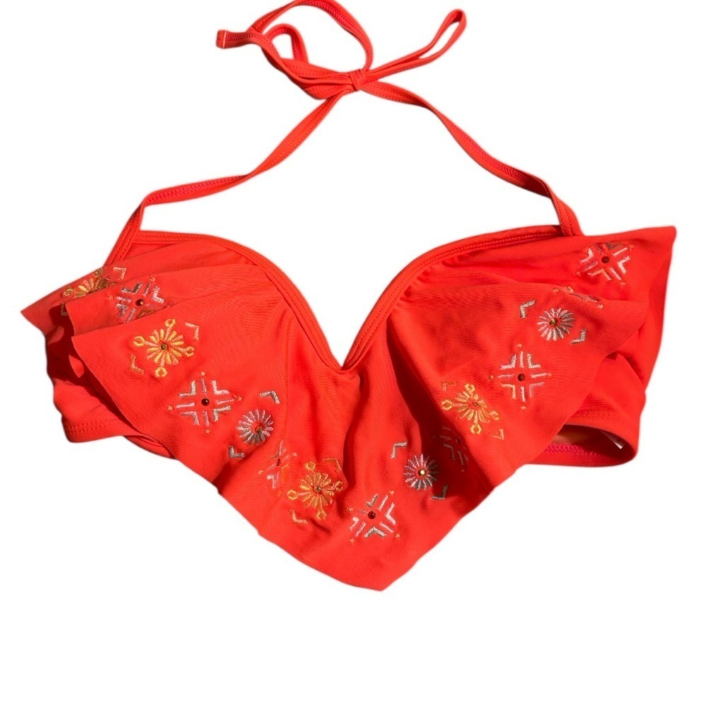 Xhilaration Orange Coral Embroidered Beaded Aztec Bikini Top size Small